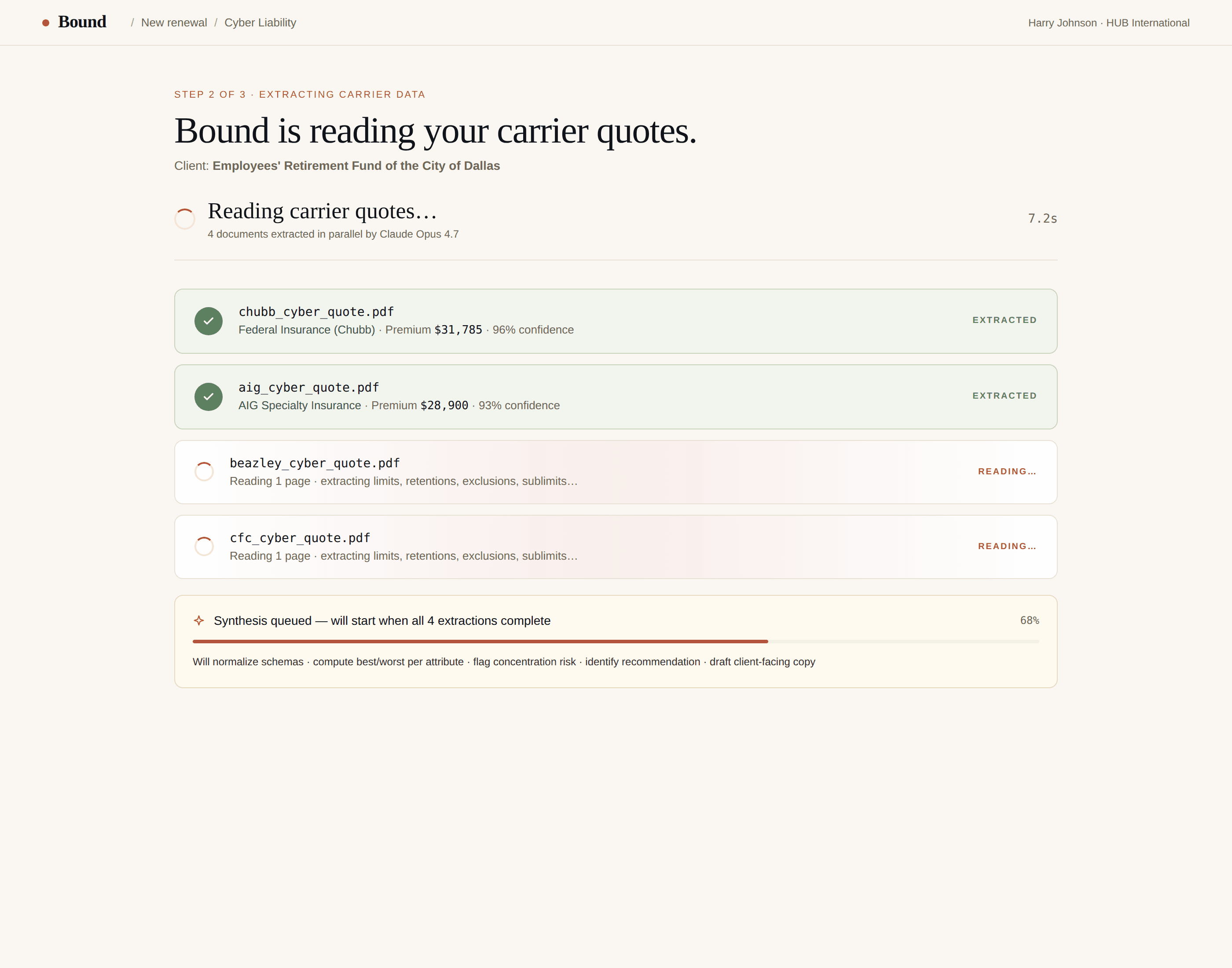 Bound reading four carrier PDFs in parallel, with extraction progress and a queued synthesis step.
