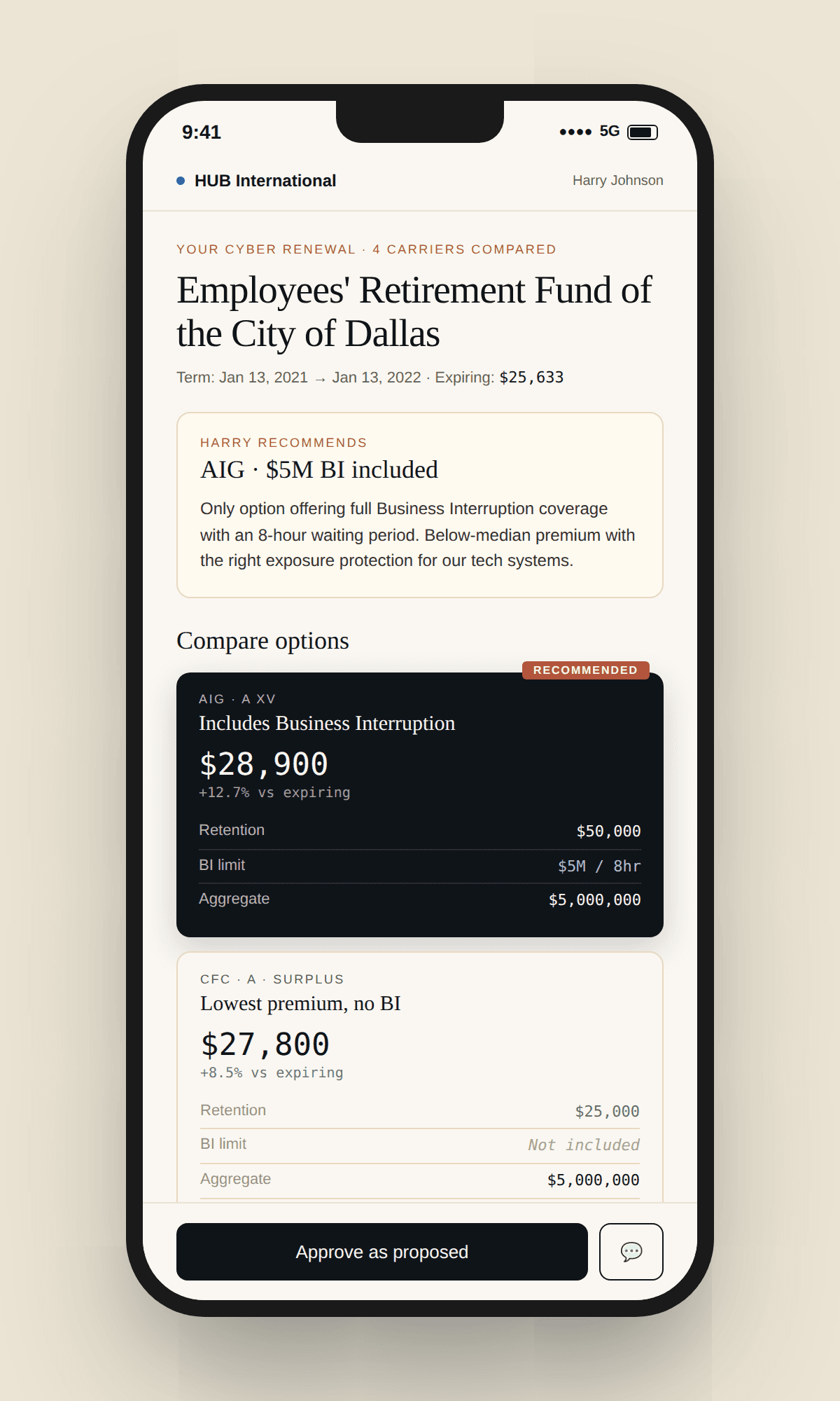 Mobile-friendly client view of the renewal recommendation with an approve button.